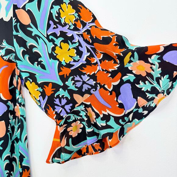Anthropologie MAEVE Silk Folkart Blouse 4 Kimono Sleeve Floral Mixed Print Boho - Picture 8 of 11